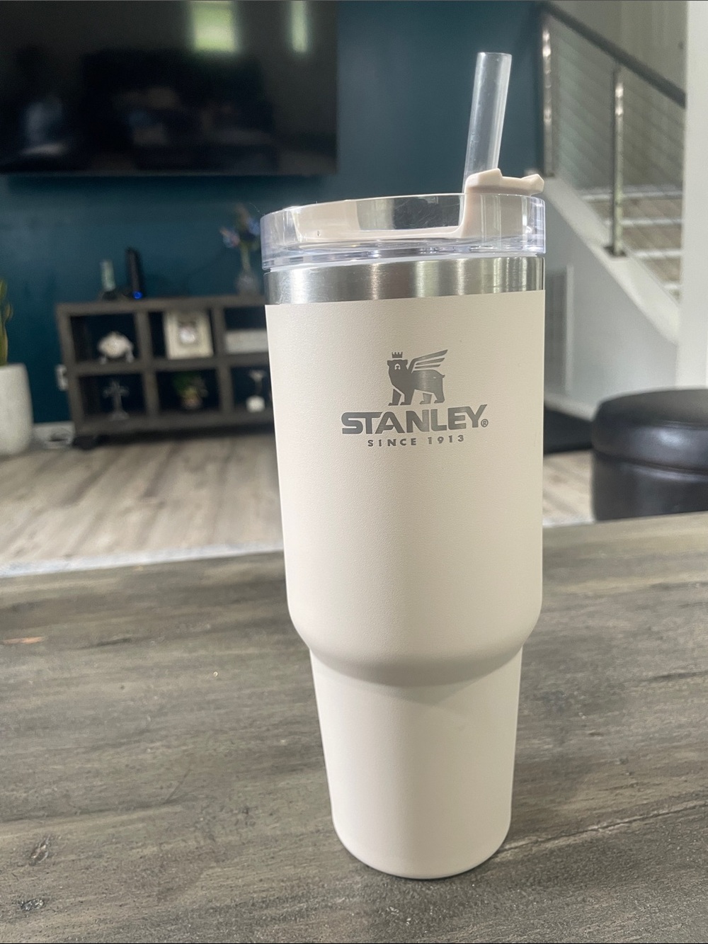 Stanley Cream Stainless Travel Tumbler with Clear Lid and Straw